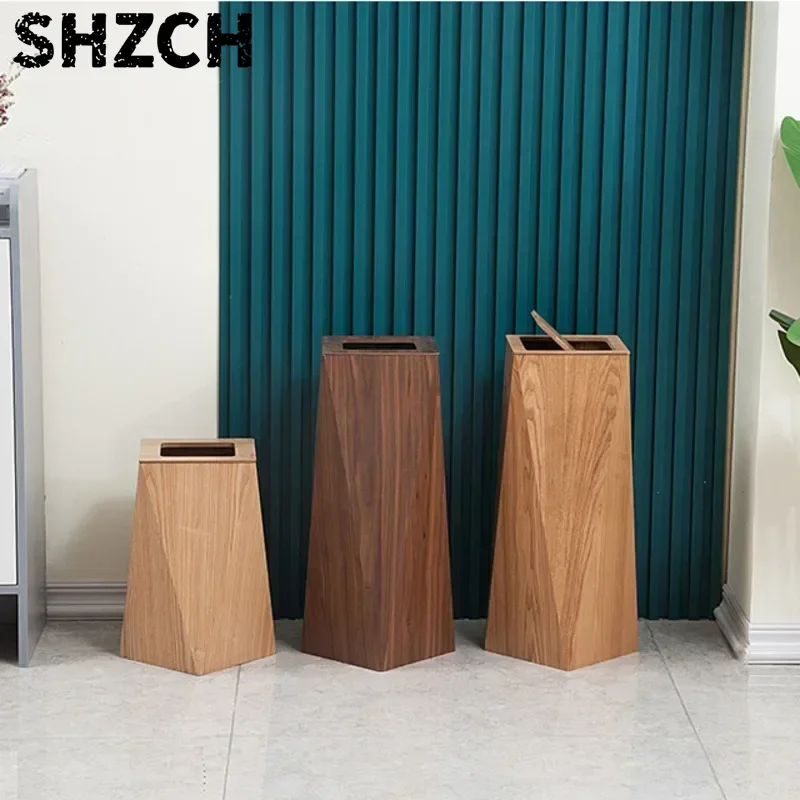 Wooden Creative Garbage Bin with Cover Nordic Ins Light Luxury Bathroom Trash Can Hotel Office Home Stay Waste Disposer