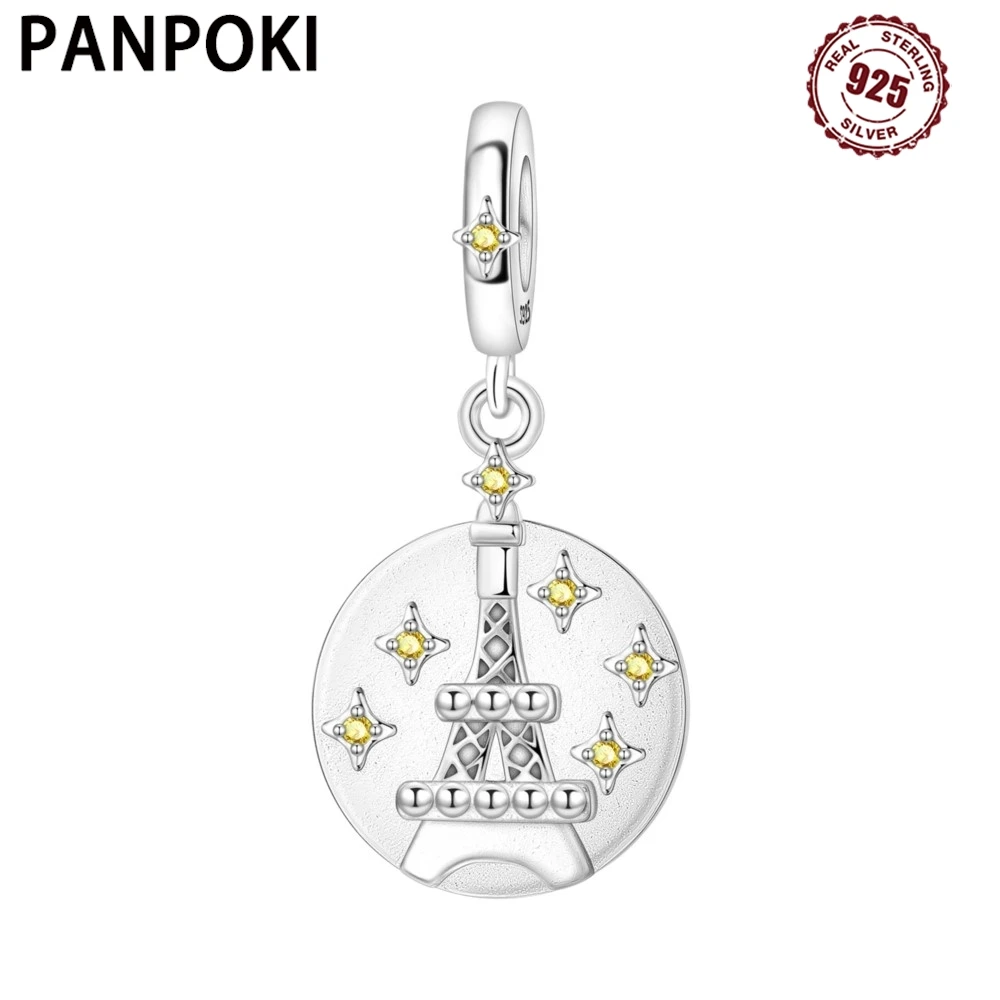 PANPOKI 925 Sterling Silver Sparkling Starry Eiffel Tower Original Pendants Bracelet Charms Jewelry Party Beads DIY Trendy Gift