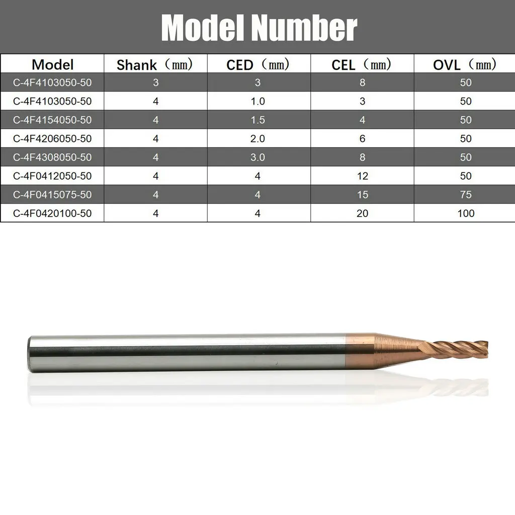 スパイラルタングステンカーバイドフライス工具、シャンク4mm、3mm、4フルート、鋼用hrc50、CNCルーターカッター、スロット付き、フェインドミルビット