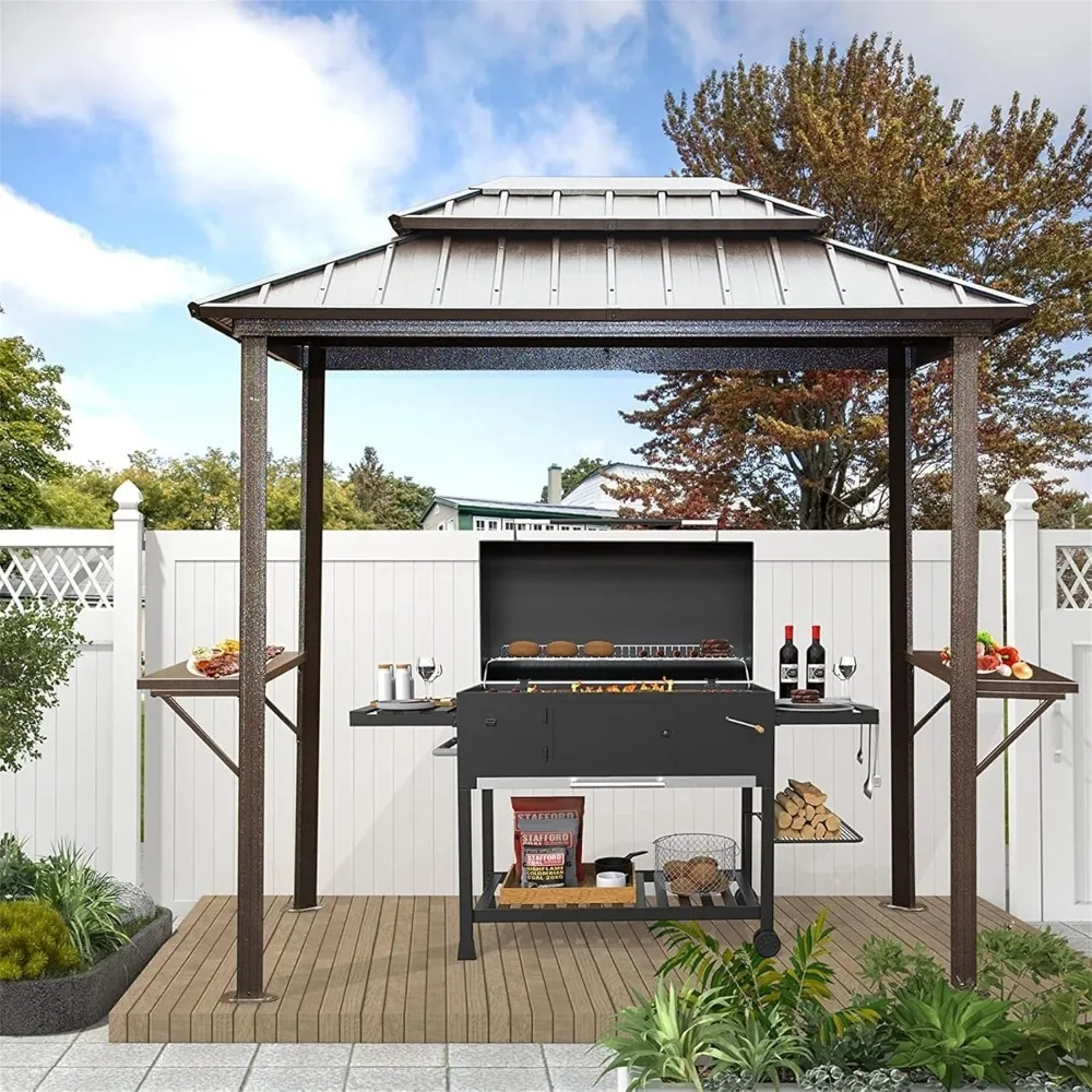 8'X6' Grill Gazebo Hardtop,Steel Grill Gazebo with Two Shelves Tables,Double Roof Hard Top Gazebo,Heavy Duty Aluminum BBQ Gazebo