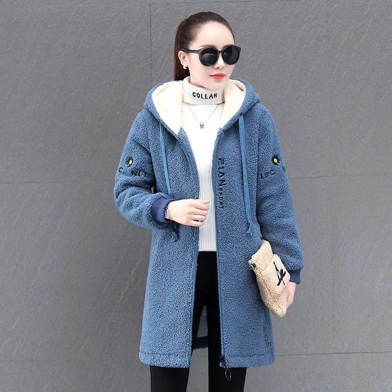 Women\'s Lamb Wool Coat 2024 New Winter Plus Velvet Cotton Jacket Loose Mid-length Female Hooded Overcoat