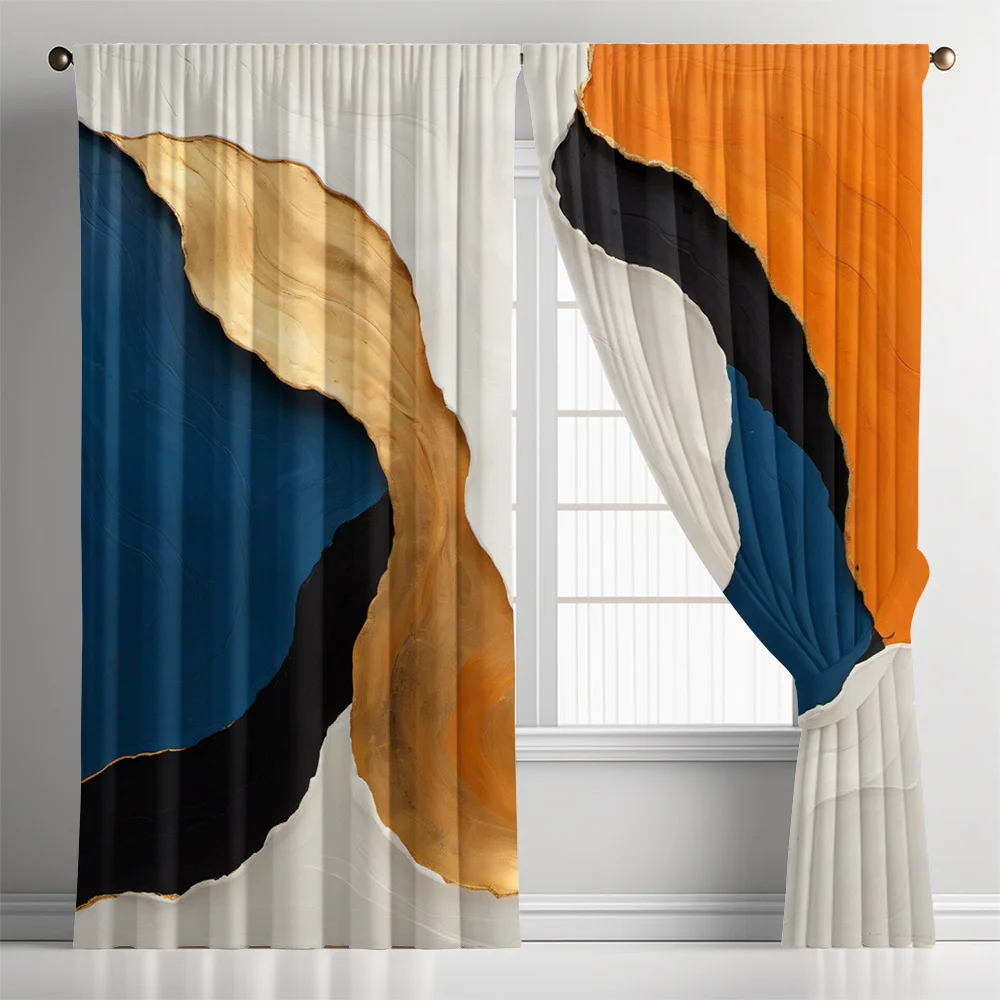 Abstract Gold Blue Black White Curtains Set of 2 Rod Pocket Semi Sheer for Living Room Bedroom Decor