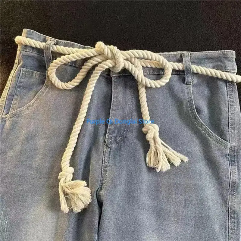 L21E Retro Braided Rope Waistband Belt Cotton Linen Waist Decoration Adjustable Design Sash for Jeans Casual Use