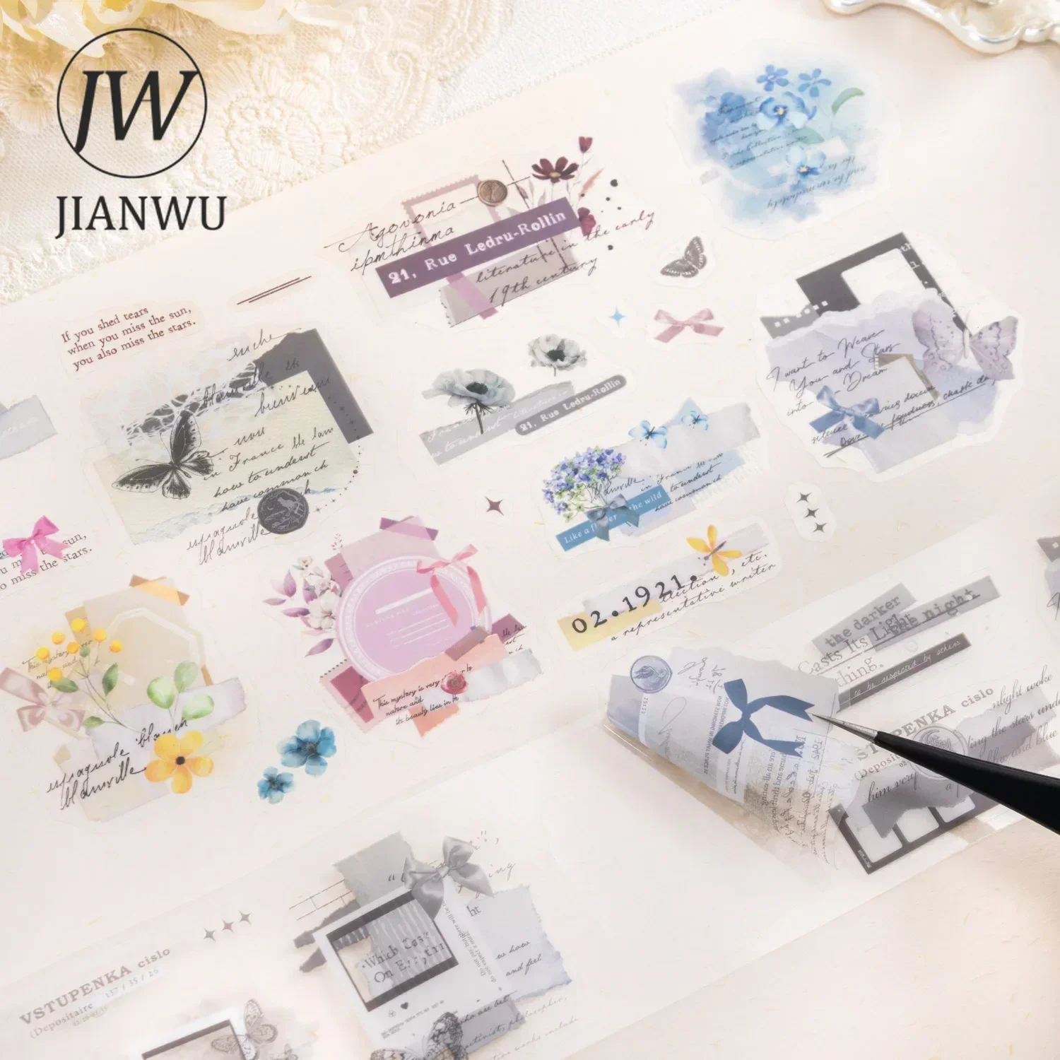 JIANWU 50mm*200cm Collage Into Poems Series Vintage Flower Label Material Collage PET Tape Creative DIY Journal Stationery