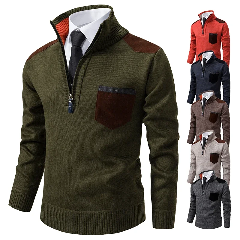 Men Thick Polo Shirts Korean Half Zipper Cold Blouse Stand Collar Autumn Winter Outerwear Luxury  Pullover Sweater Cashmere t