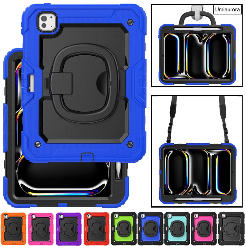 For IPad Air 10.9 Mini A17 Pro 11 12.9 13 inch M2 M3 M4 M5 Heavy Duty Rugged Tablet Case Hand Ring Stand Strap Shockproof Funda