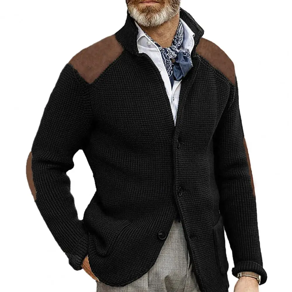 

Versatile Cardigan Men's Single-breasted Lapel Knitted Cardigan Sweater Coat with Patchwork Color Matching for Winter Fall Thick