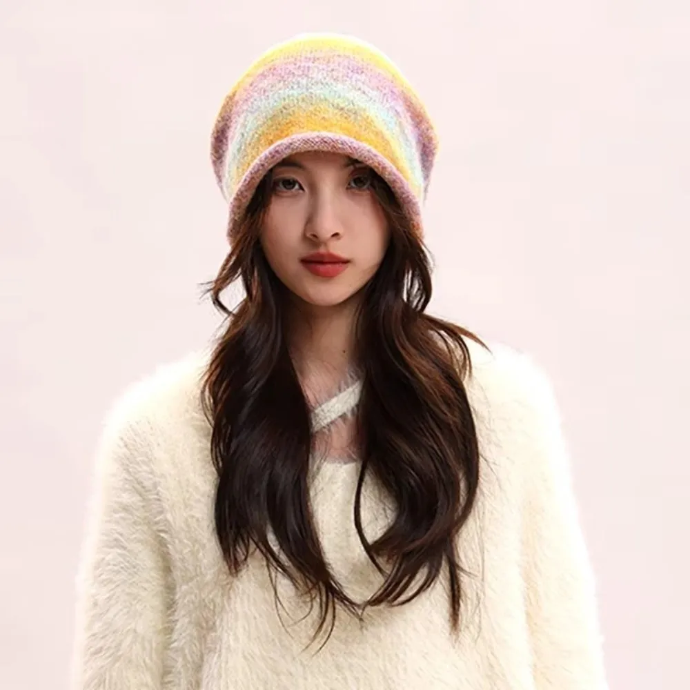Gradient Color Knitted Stacked Hat Rolled Brim Elastic Drawstring Beanies Hat Streetwear Headgear Brimless Beanie Cap Gifts