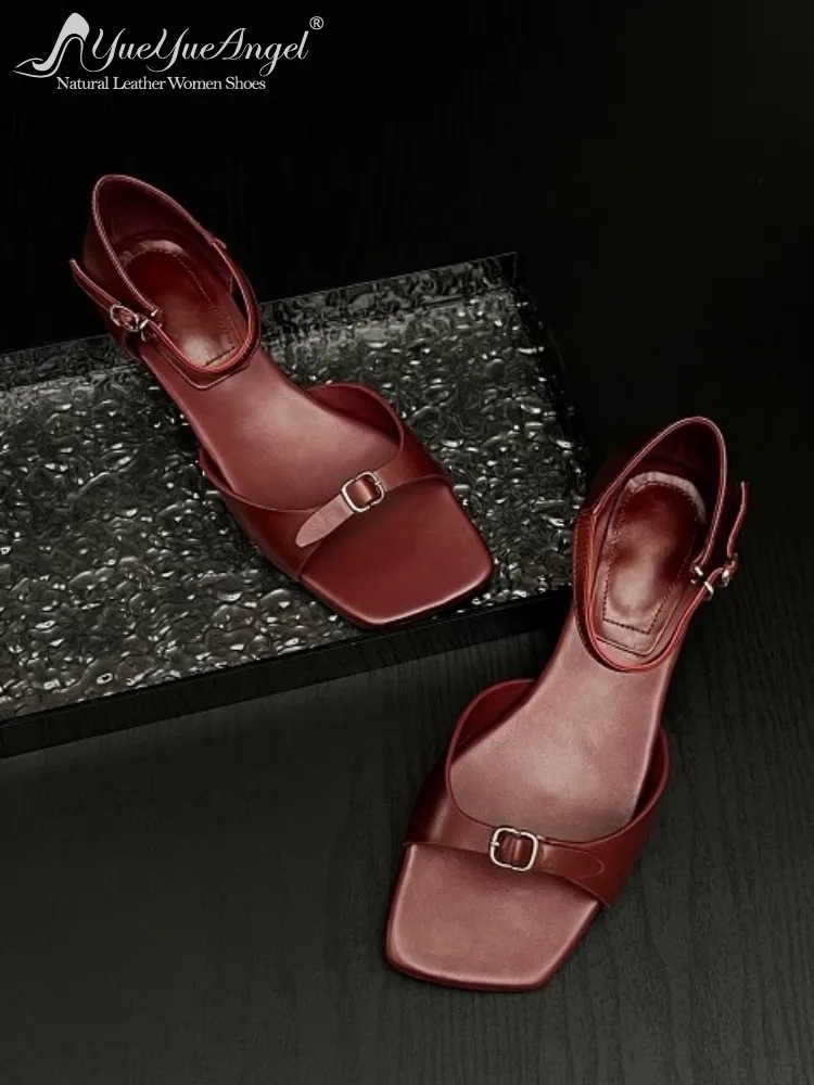 

Корейский стиль, однотонные сандалии из натуральной кожи с пряжкой и ремешком, однотонные сандалии из воловьей кожи с открытым носком на низком каблуке, женская обувь в стиле ретро