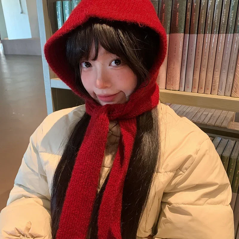 Winter Korea Cute Women's Knitted Hood Scarf Little Red Hat Warm Ear Protection Cold Windproof Cap Fashion Woolen Pullover Hat