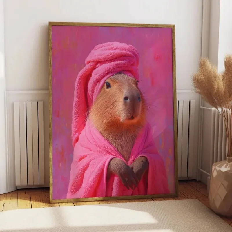 Colourful Eclectic Animals Poster Cat Leopard Capybara Goose Cheetah Canvas Painting Pink Wall Art for Living Room Home Decor