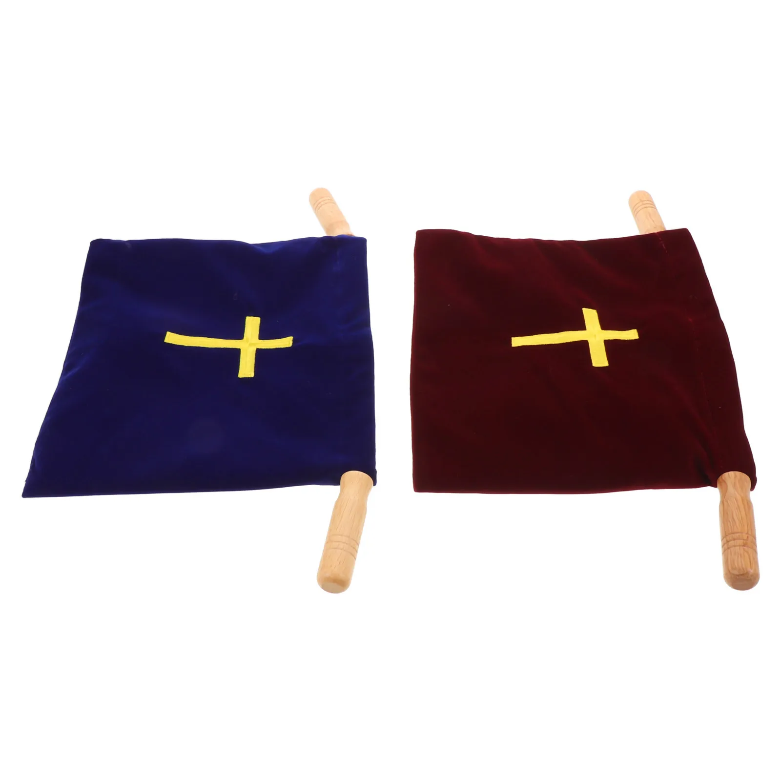 

2Pcs Church Offering Bags Cross Embroidery Design Spacious Wooden Handle Communion Supplies Collection Pouch Velvet Bag