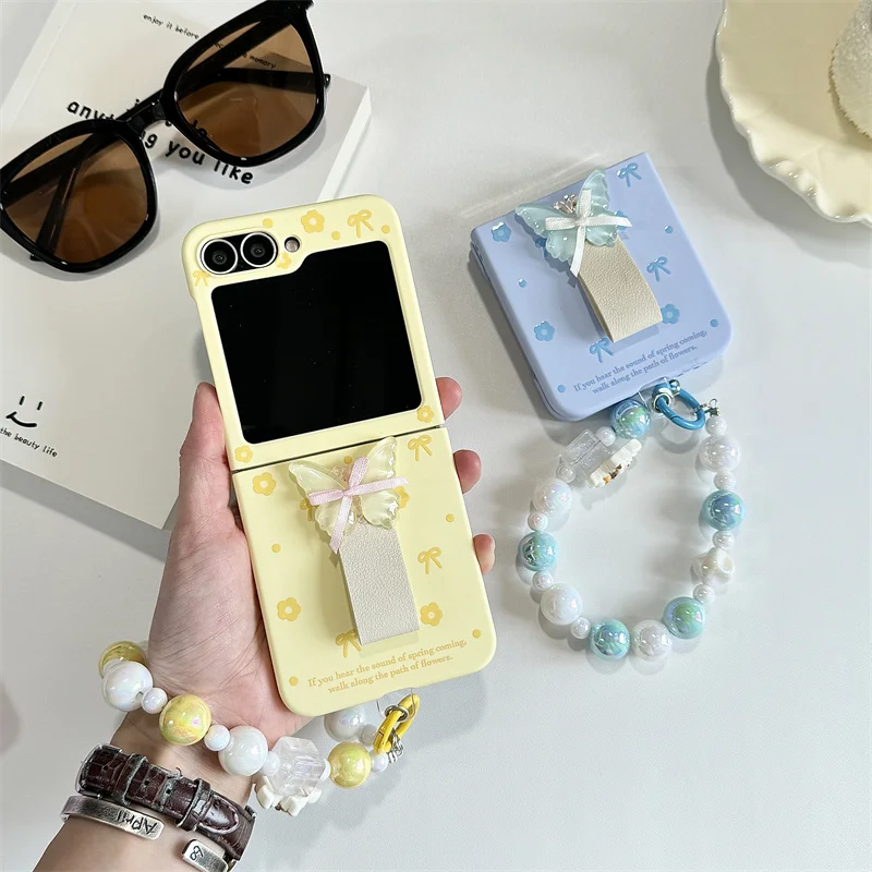 For Samsung Galaxy Z Flip 6 3 4 5 Case Z Flip6 ZFlip 6 ZFlip6 Ins Bow Flower Ring Bracelet Shockproof Back Cover