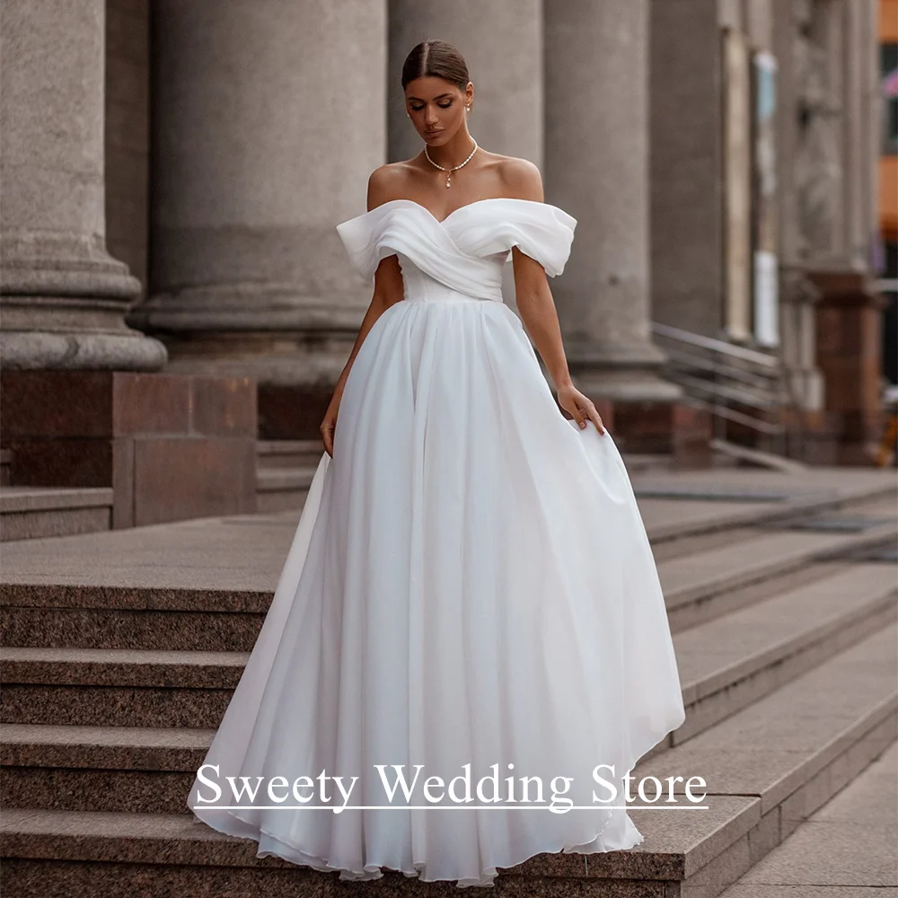Cheap Organza Wedding Dress Customized Off Shoulder V Neck Pleat A Line Sweep Train Corset Bridal Gown Vestido De Noiva