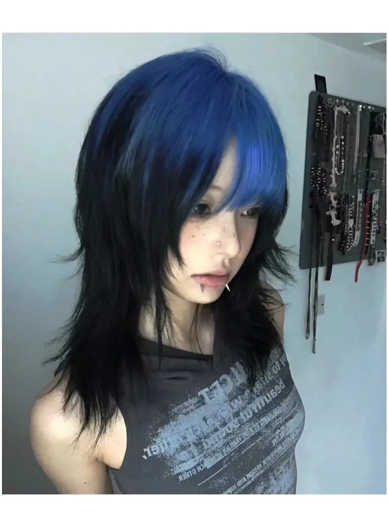 Y2K Cosplay Korte Blauwe Hoogtepunten Pruik Subcultuur Kleurverloop Wolf Staart Haar Pruik met Pony Hittebestendig