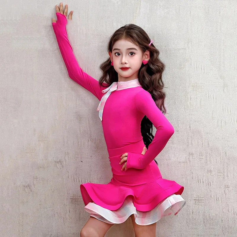 Rose Roze Latin Dans Jurk Meisjes Prestaties Kleding Lange Mouwen Chacha Dans Praktijk Kleding Competitie Jurk DNV25315
