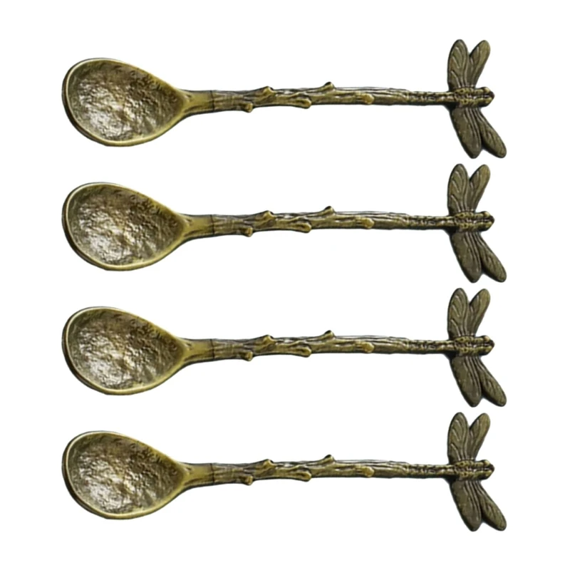 Set of 4 Long Handle Dragonflies Coffee Spoons Unique Dragonflies Pattern Teaspoons Tablewares for Home Restaurant Use