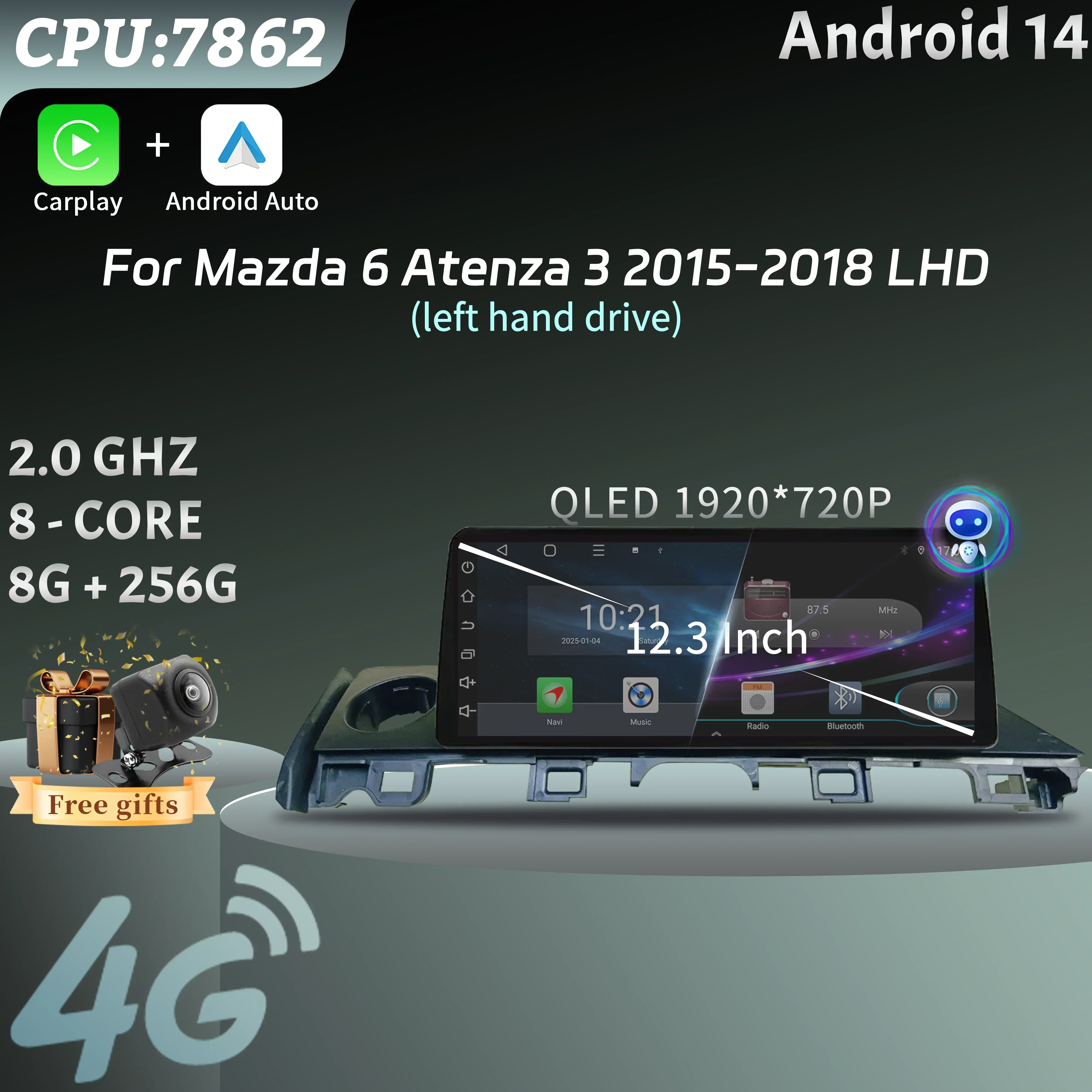 Radio Multimedia para Auto de 12.3 Pulgadas para Mazda 6 Atenza 3 2015-2018 con Volante a la Izquierda, Carplay Inalámbrico, Multimedia 4G, GPS, Pantalla Táctil Estéreo