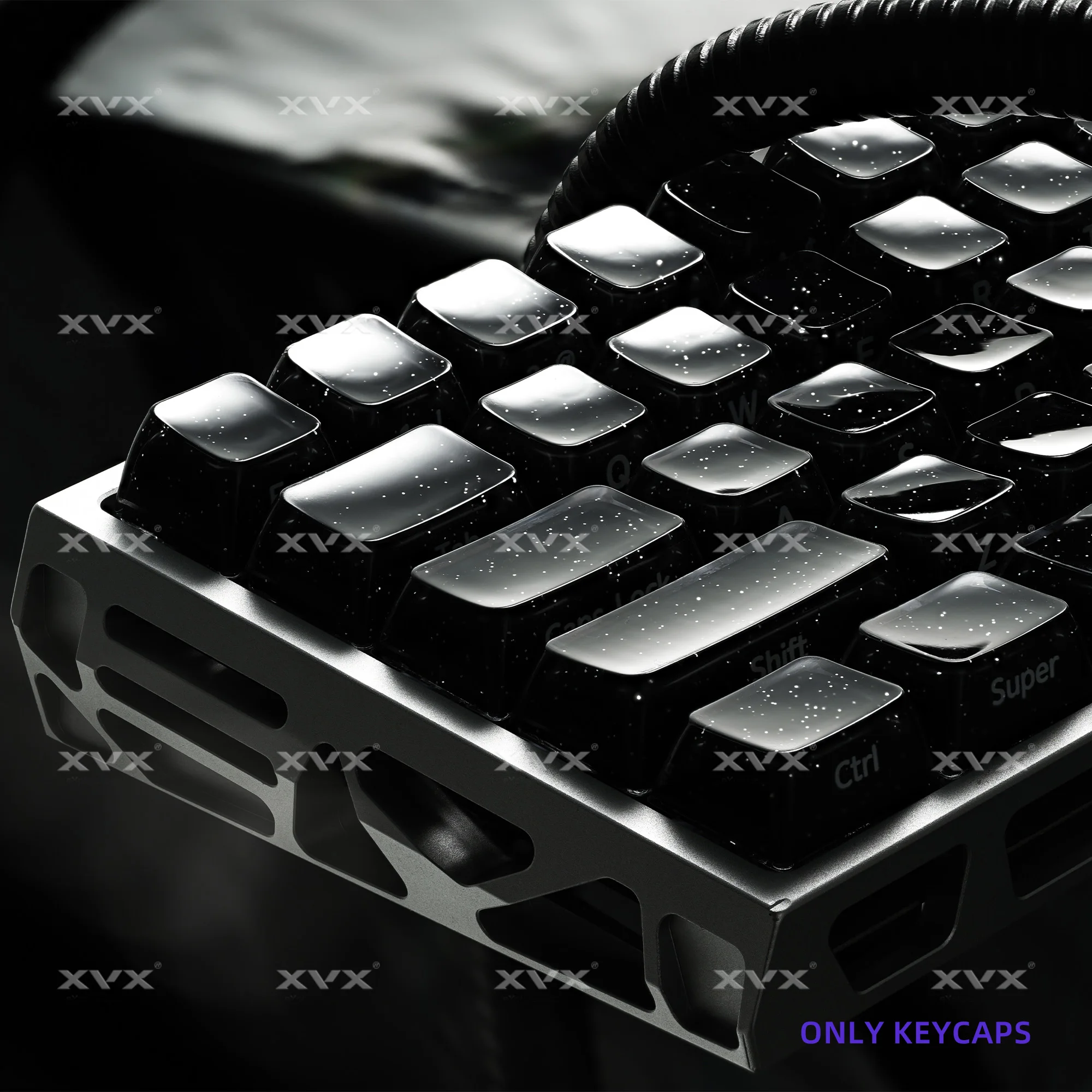 XVX Black Starry Night Jelly R2 Keycaps with Glitter Powder Shiny Keycap MDA Profile 122 Keys Double Shot Glossy Key Cap Set