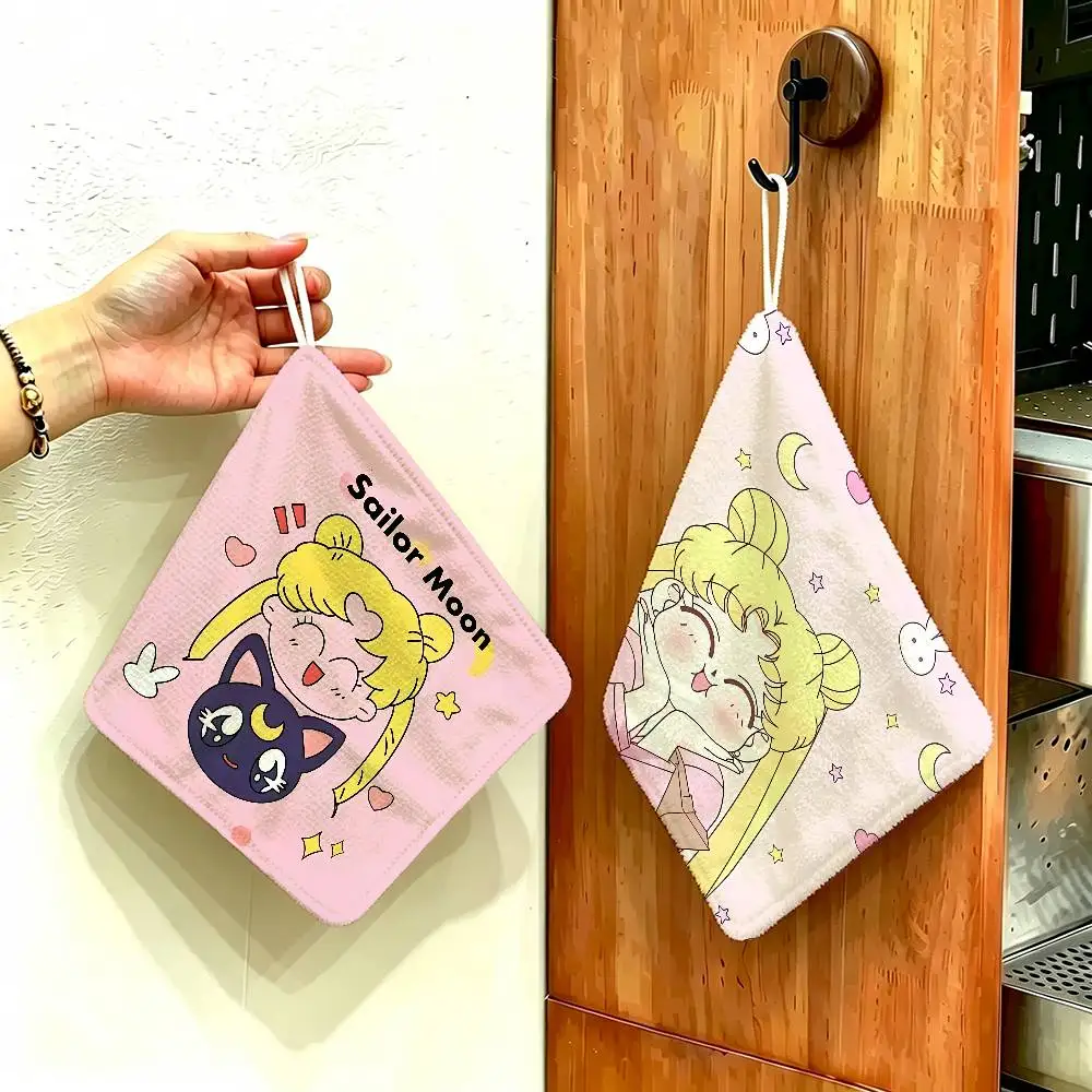 Cute S-Sailor M-MoonS Thickened Polyester Cotton Hanging Towel, High Absorbent Hand Wiping Towel for Indoor Use