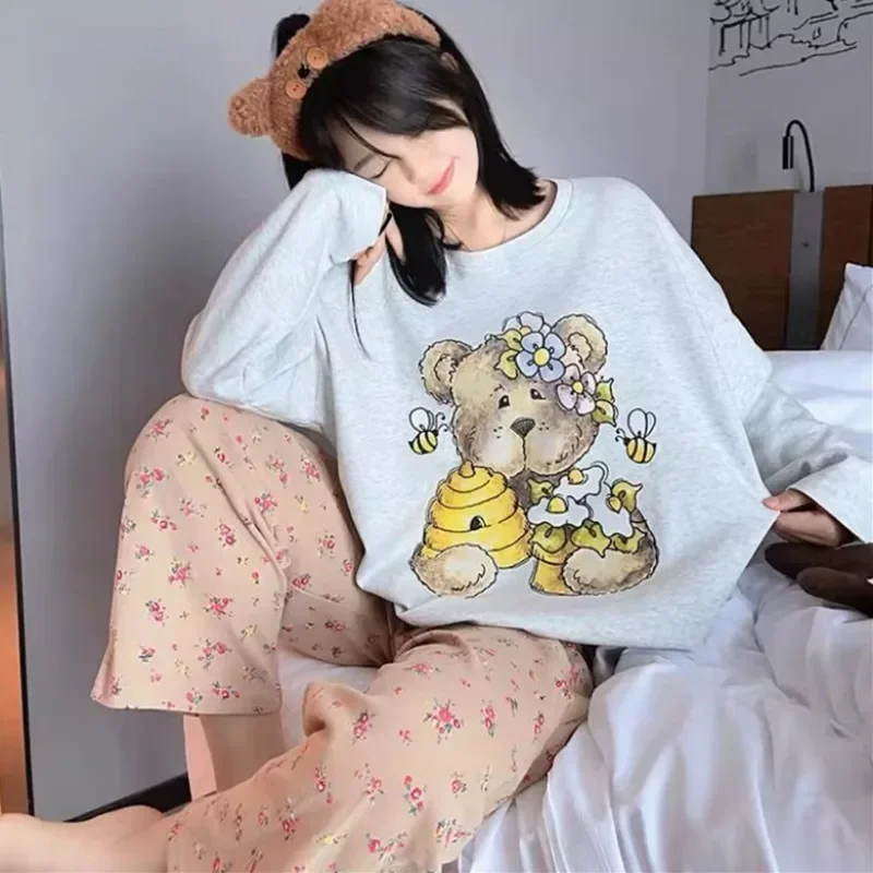 Women's Pajamas Spring Cartoon Bear Long-Sleeved Ladies Breathable and Loose Nightwear Loungewear Girl Kawaii Cute Sleepwear