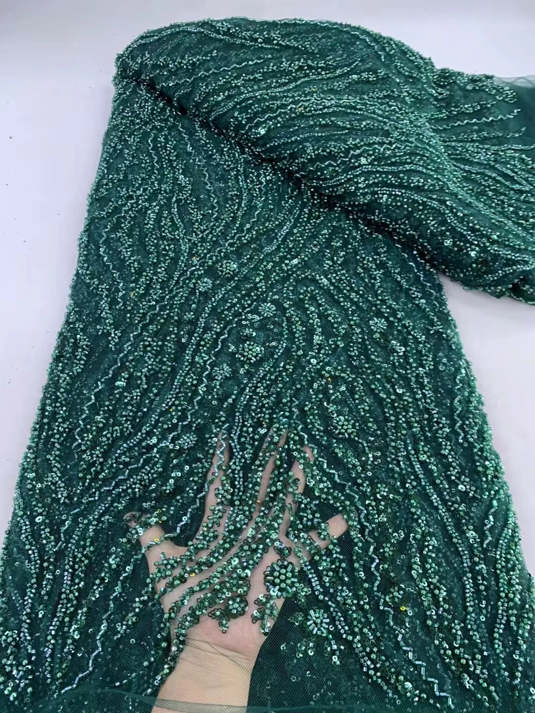 Green African Beaded Tulle Lace Fabric 2026 High Quality French Nigerian Sequins Embroidered Lace for Party Dress Sewing 5 Yards