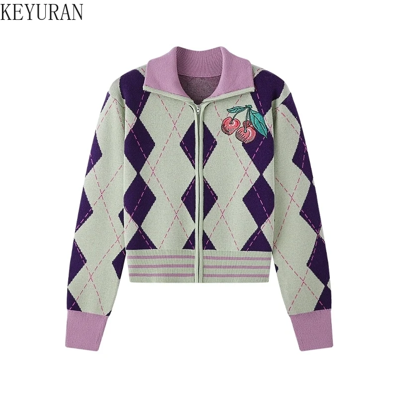 2025 Spring Cherry Embroidery Sweater Cardigan Women Vintage Fashion Chic Zipper Argyle Lapel Long Sleeve Knitwear Tops Jumpers