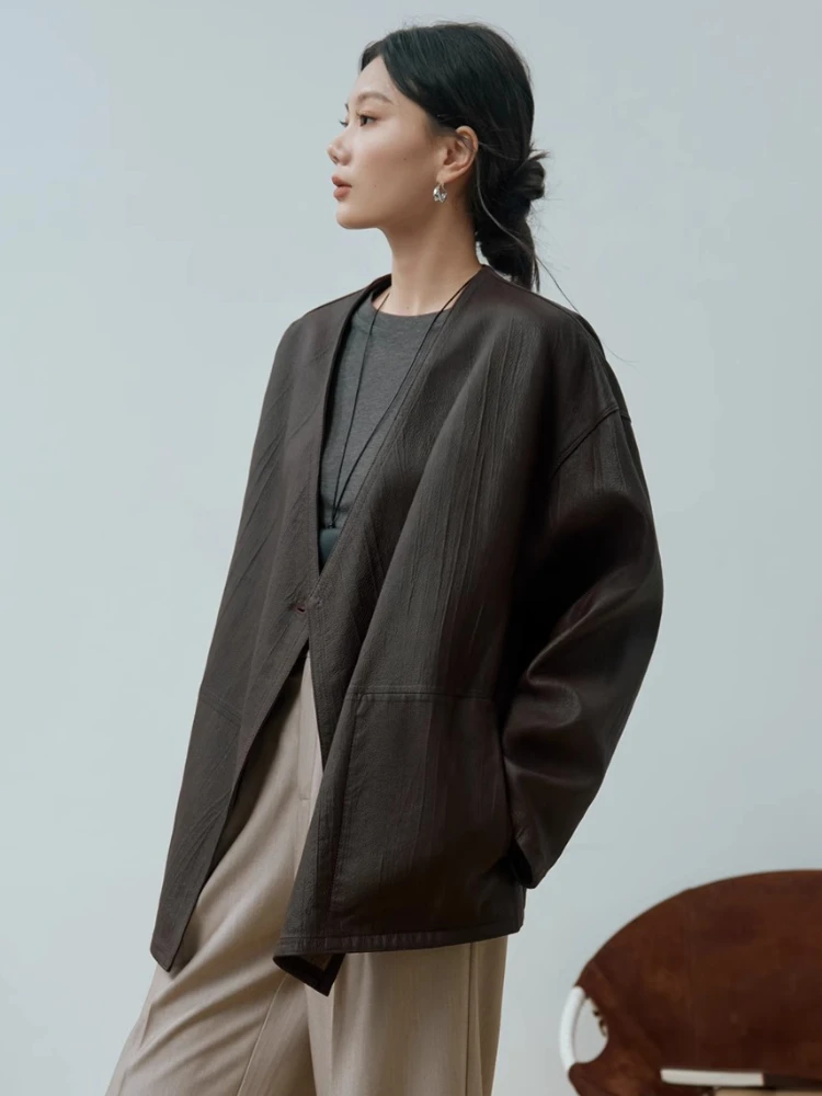 Vintage V-neck Genuine Leather Jackets for Women Spring Autumn High-end Simple Bark Texture Double-sided Real Sheepskin Coat