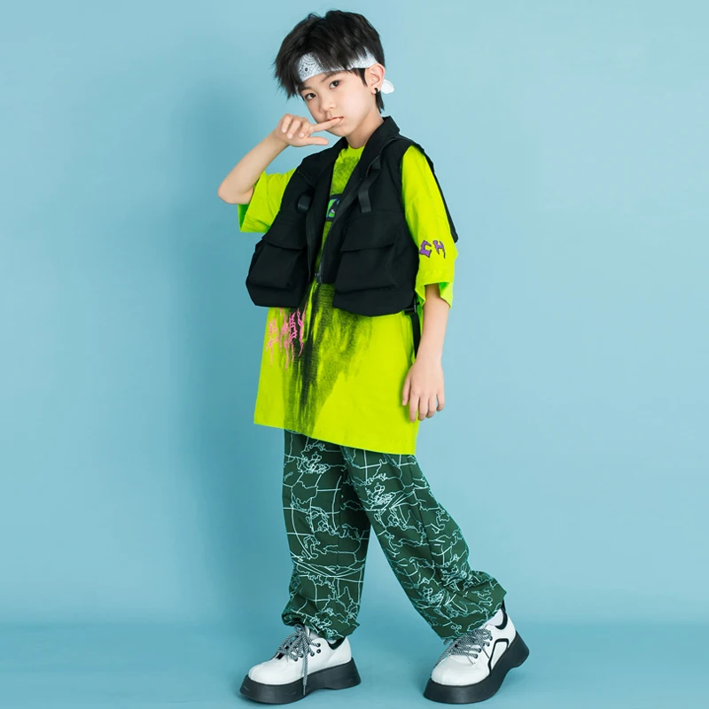 Kinder Ballsaal Hip Hop Kleidung schwarze Cargo Weste Top Print Jogger Hosen für Mädchen Jungen Jazz Tanz kostüme Teen Street Kleidung