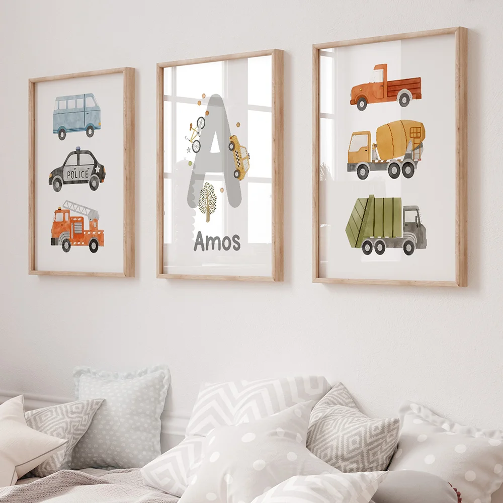 Custom Name Cartoon Car Canvas Painting Alphabet Vehicle Wall Art Boy Girl Room Wall Art Nursery Decor Playful Picture No Frame