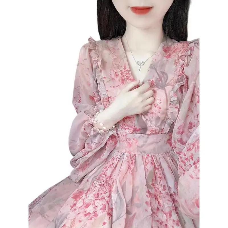 Französisch Stil Sommer Rosa Blumen Laterne Hülse frauen Herbst High-Grade Lange Kleid Elegante Tüll Abnehmen