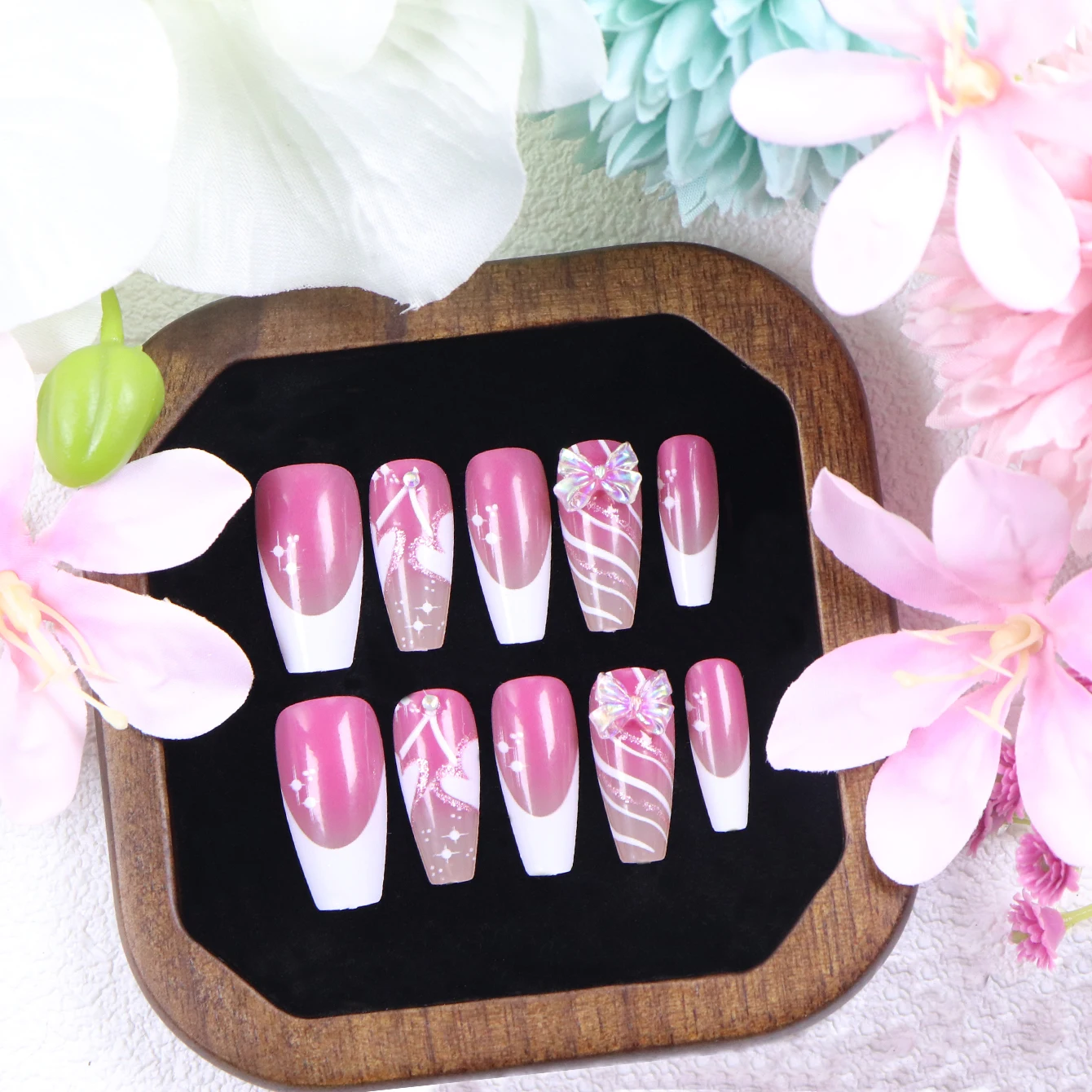 10PCS Long Ballet Matte French White Border Pink Nail Acrylic Nail Pink Sparkling Heart-Shaped Cherry And 3d Butterfly Bow Desig