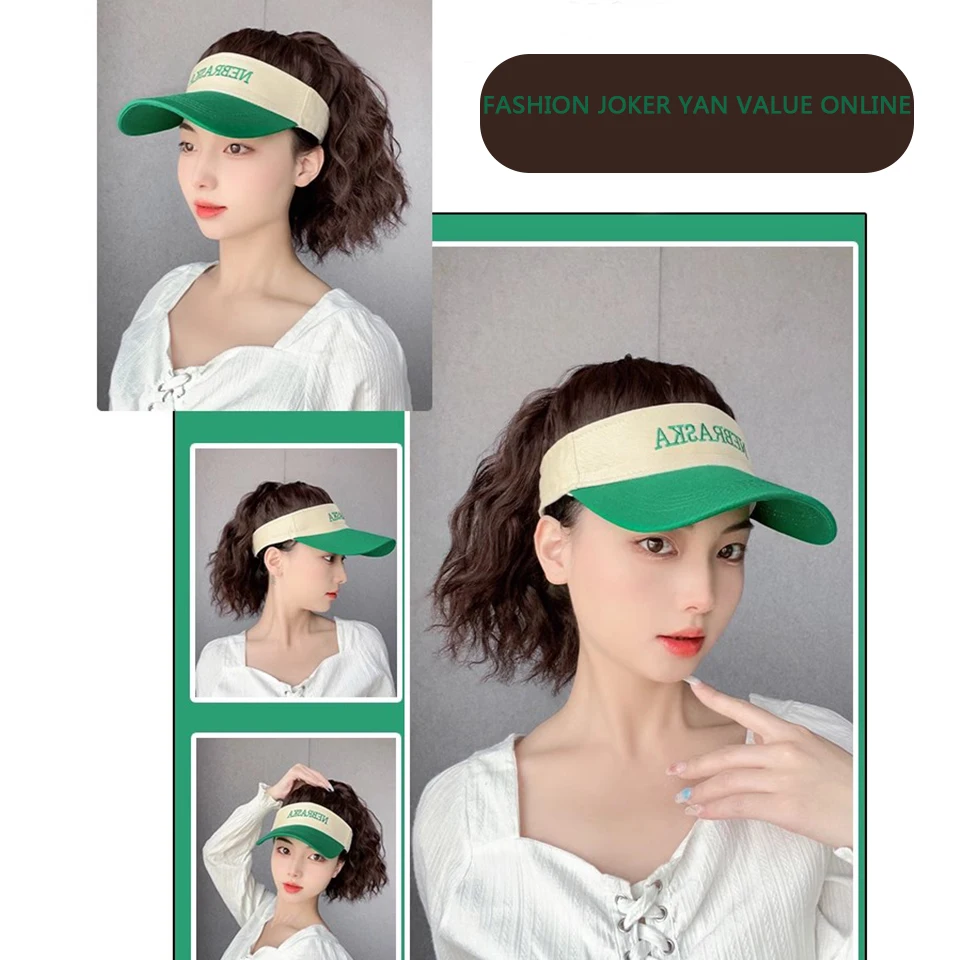 Topi wig musim semi dan musim panas, topi bisbol ekor kuda keriting, topi sintetis dapat disesuaikan warna hijau dan putih col