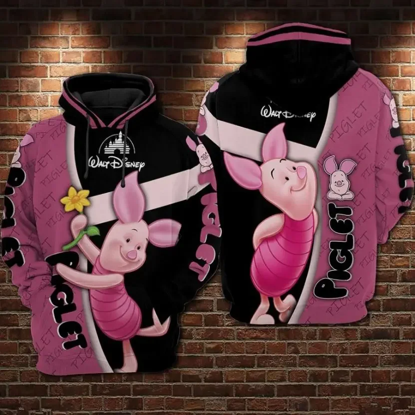 Disney 3D Hoodie Piggy Flower Cartoon Winnie the Pooh Print 3d Zipper Hoodie Retro Casual Sweatshirt Men Hoodie