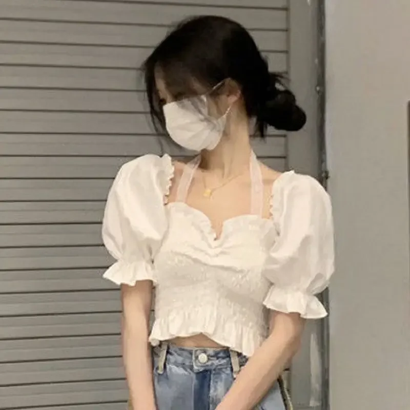 

Girly Pure Lace Neck Милая футболка с пышными рукавами