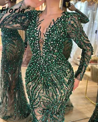 Green Heavy Beads Mermaid Prom Dress Full Pearls Crystal V Neck Wedding Engagement Gowns Long vestidos de fiesta elegantes 2024