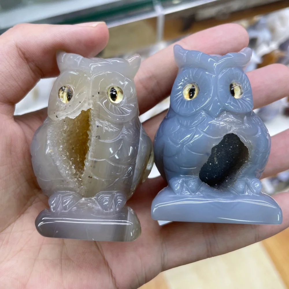 Natural Agate Geode Carved Owl Figurine With Crystal Druzy Gemstone Animal Statue Home Decor Reiki Healing Ornament Wholesale