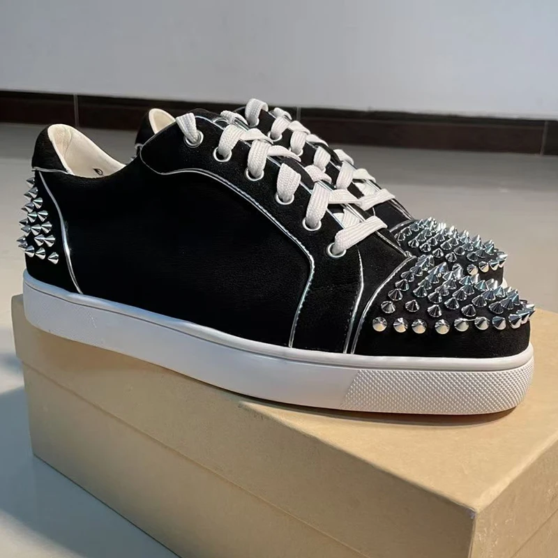 mens casual stage nightclub rivets shoes lace-up cow suede leather studded shoe black designer spikes sneakers trendy footwear