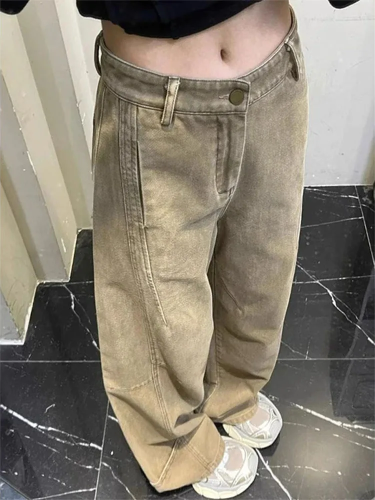 

High Waist Wide Leg Jeans American Retro Khaki Side Splicing Loose Fit Casual Long Trousers Workwear Sle Summer Jeans