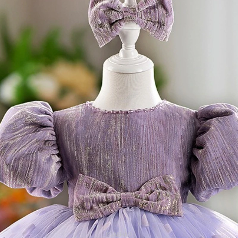 Vestido de fiesta 2025, trajes morados para niñas y niños, ropa Formal para niños pequeños, vestidos de cumpleaños para niños, vestido de princesa de tul con manga de burbuja y lazo