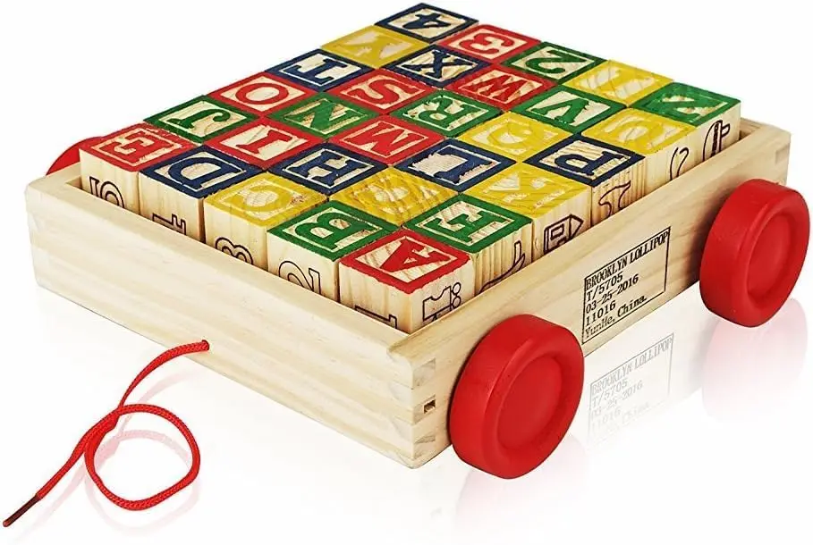 

30-Piece Wooden Alphabet Blocks with Pull Wagon, Educational Toy for Toddlers Learning ABC