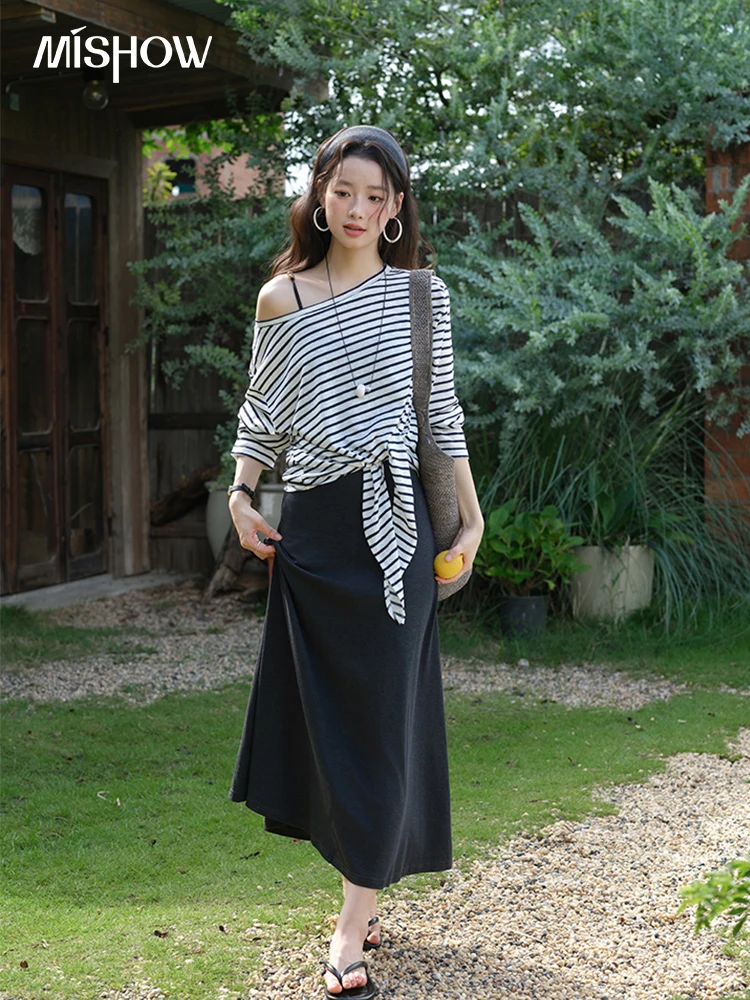 

MISHOW Two-Piece Ladies Set 2025 Summer New O-Neck Striped Knot Top and Casual Strap Long Skirt Set Women's Clothing MXE39T0724
