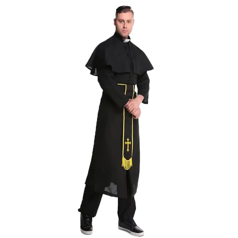 

Dress up Dance Party Black Adult Priest Robe Men's Godfather Costume Halloween Cosplay Suit