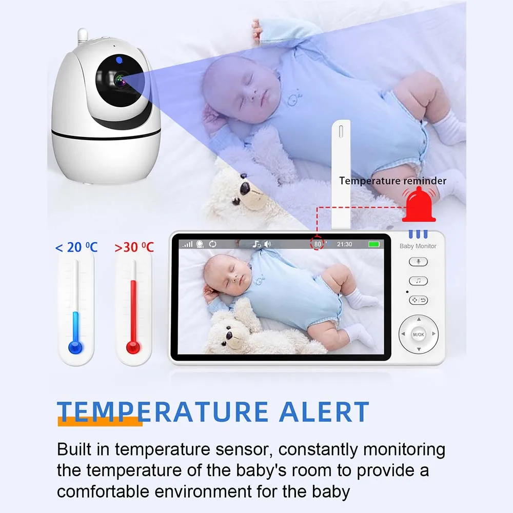 5\'\' Video Baby Monitor 2.4G Mother Kids Night Vision Zoom PTZ Video Surveillance Cameras With Temperature display Screen ABM501