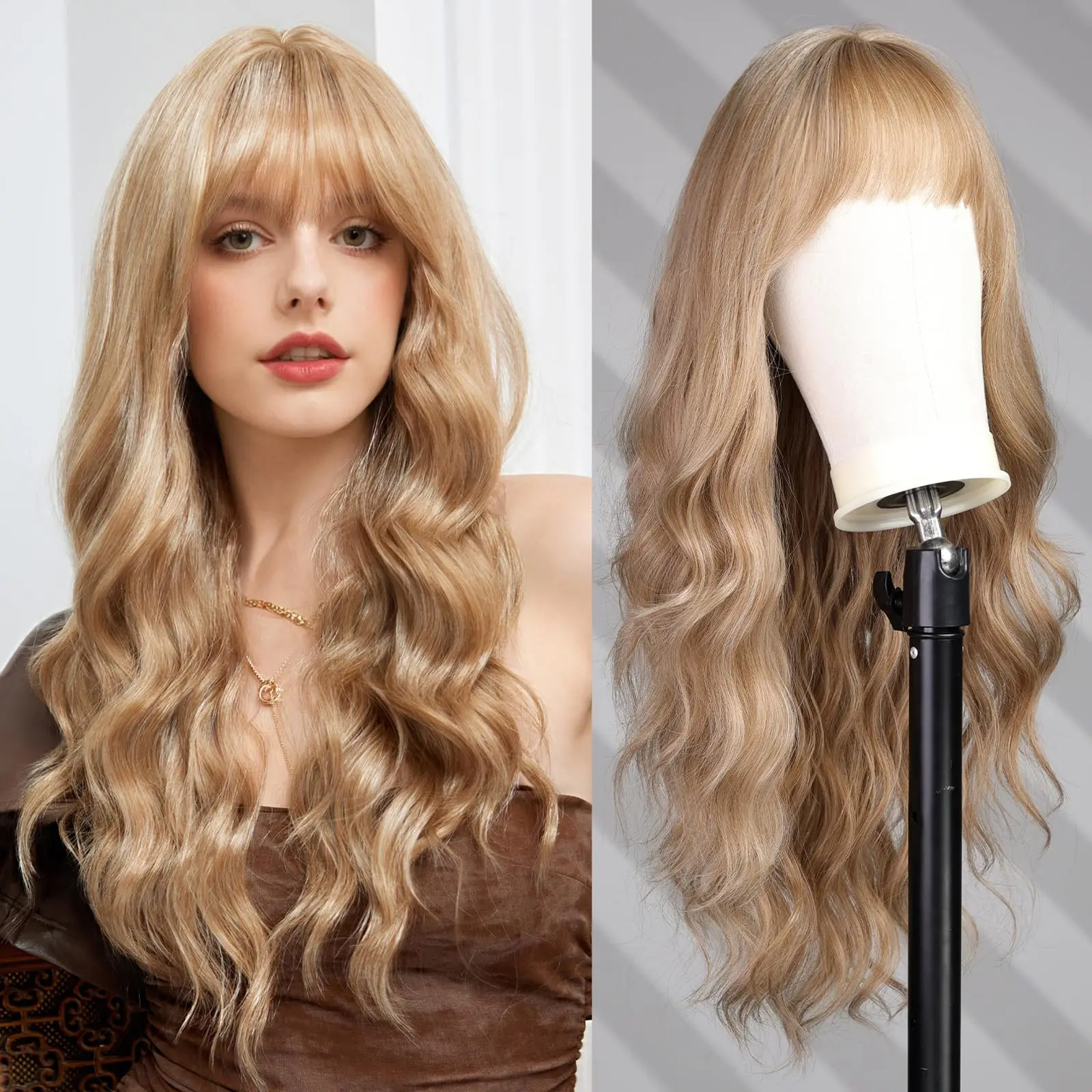 

Длинный вьющийся синтетический парик блондинки с прямой челкой, золотистые волнистые волосы для женщин, термостойкий естественный вид, повседневная одежда, косплей