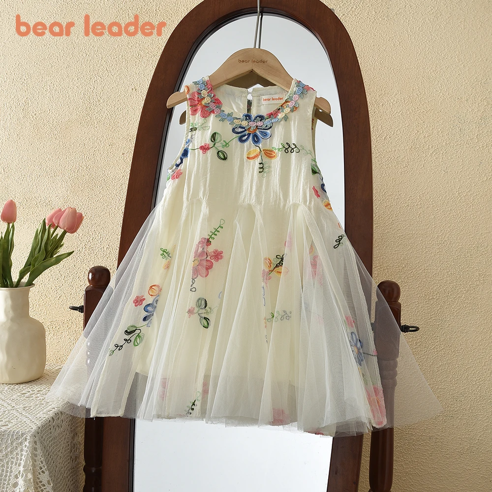 Bear Leader New Summer Korean Version Girl Clothes Flower Embroidered Lace Mesh Princess Dress Wedding Party Sleeveless Holidays