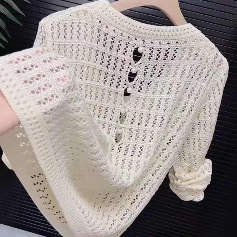 All Match Knitted Hollow Out Pullover Fashion Backless Pearl Design Shirts Elegant Simple Clothes