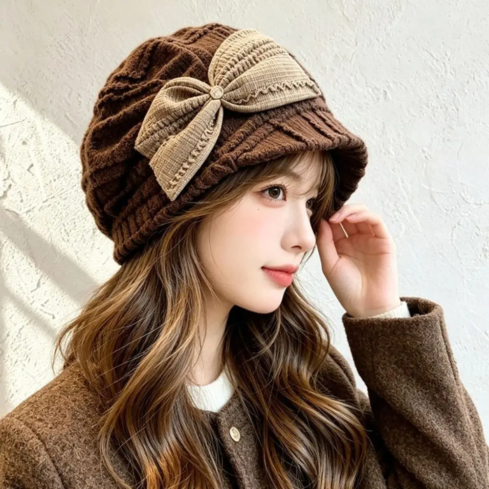 Soft Material Knitted Bucket Hat Adjustable Drawstring Bow Decoration Ear-Covering Hat Foldable Design Double-Layer Knitted
