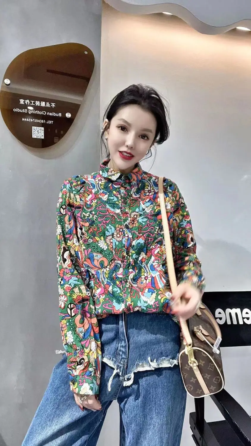 2024 Spring New Fashionable Casual Versatile Western Style Floral Polo Collar Shirt Women Button Open Long Sleeve Comfortable