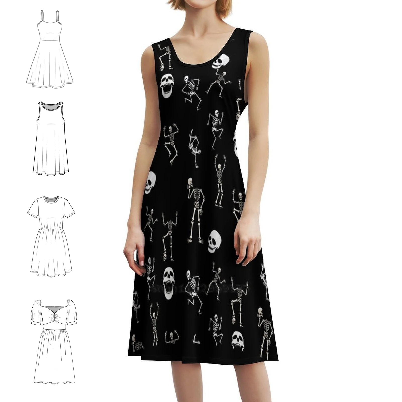 Skeletons All Over Halloween Sweetheart Neckline Dress Elegant Summer Party Dress For Women Halloween Funny Spooky Horror Cute